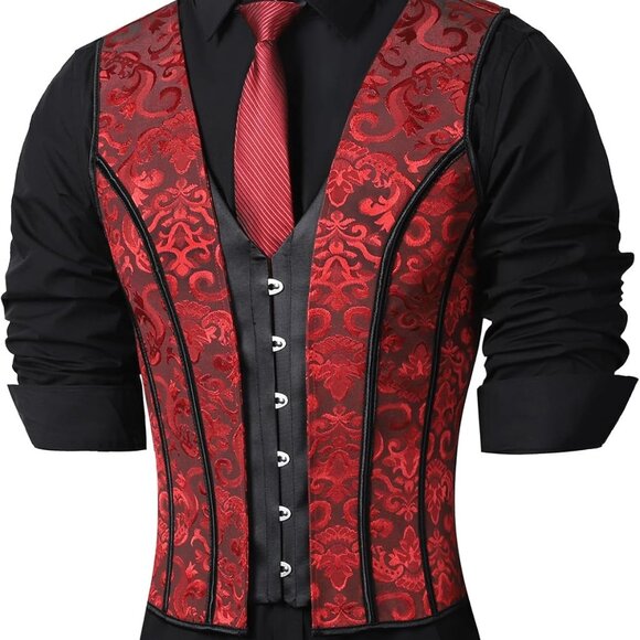 Mens Corset Vest Wasit Trainer Red Print Medieval Waistcoat Lace Up Bones Formal